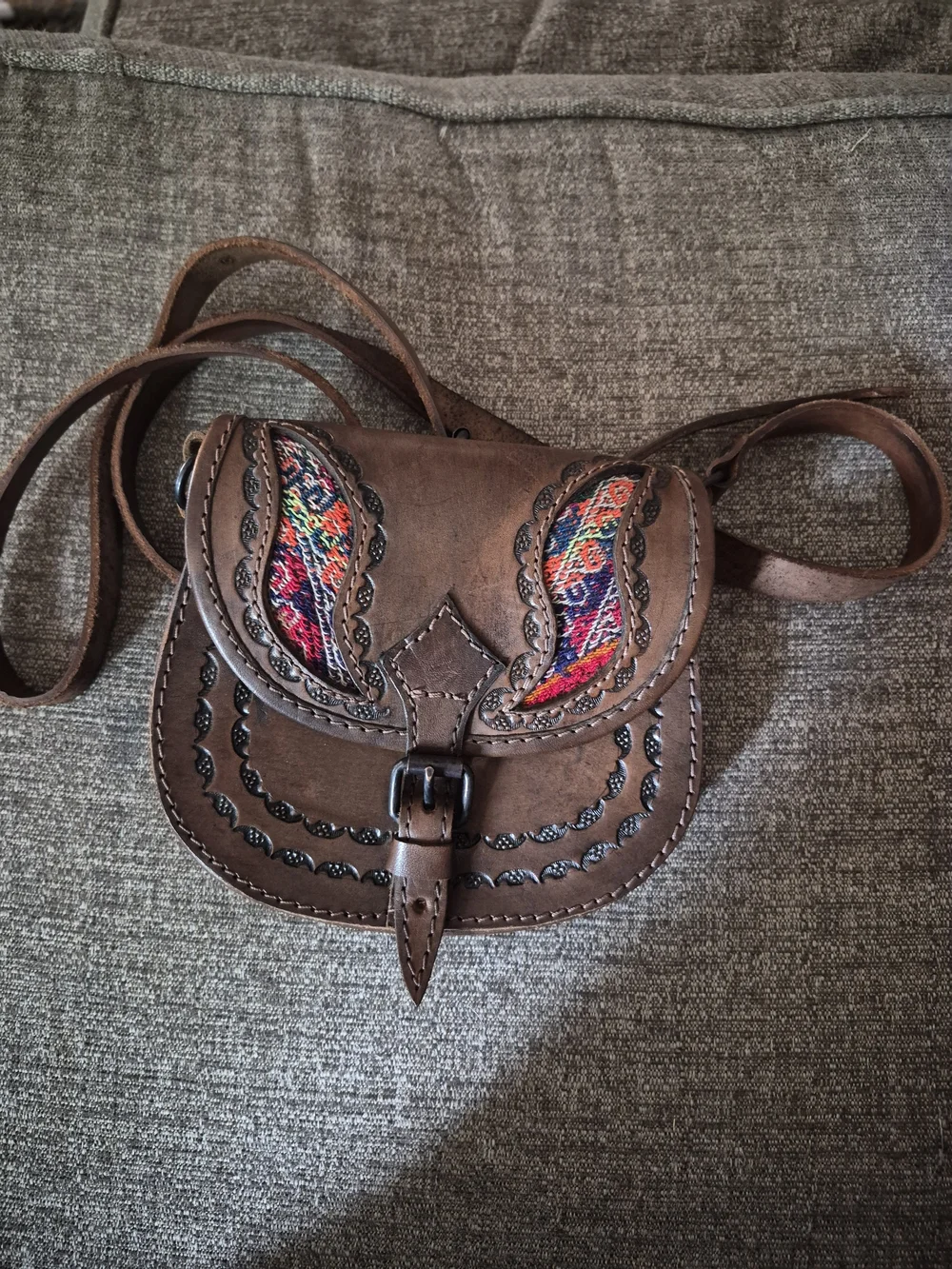 Hand-Tooled Brown Leather Crossbody with Colorful Embroidered Accents